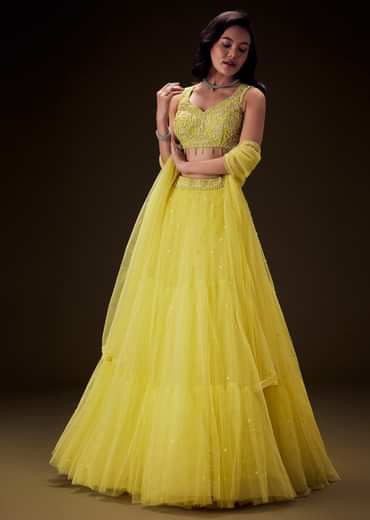 Sunshine Yellow Net Hand Embroided Pearl Work Lehenga Set