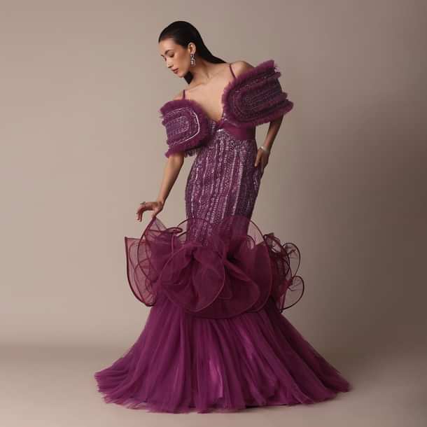 Deep Purple Organza Fish Cut Gown With 3D Ruffles