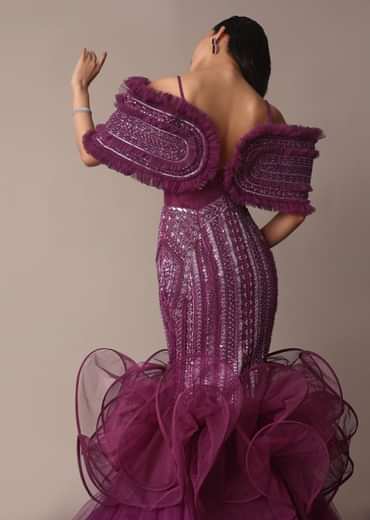 Deep Purple Organza Fish Cut Gown With 3D Ruffles