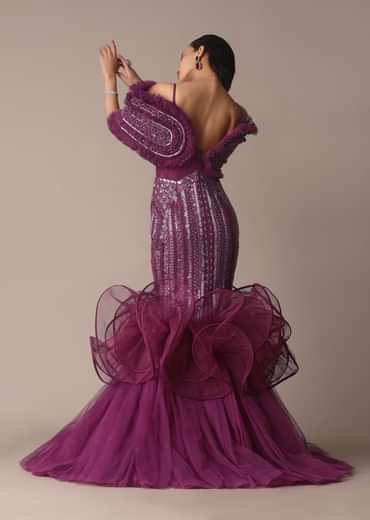 Deep Purple Organza Fish Cut Gown With 3D Ruffles