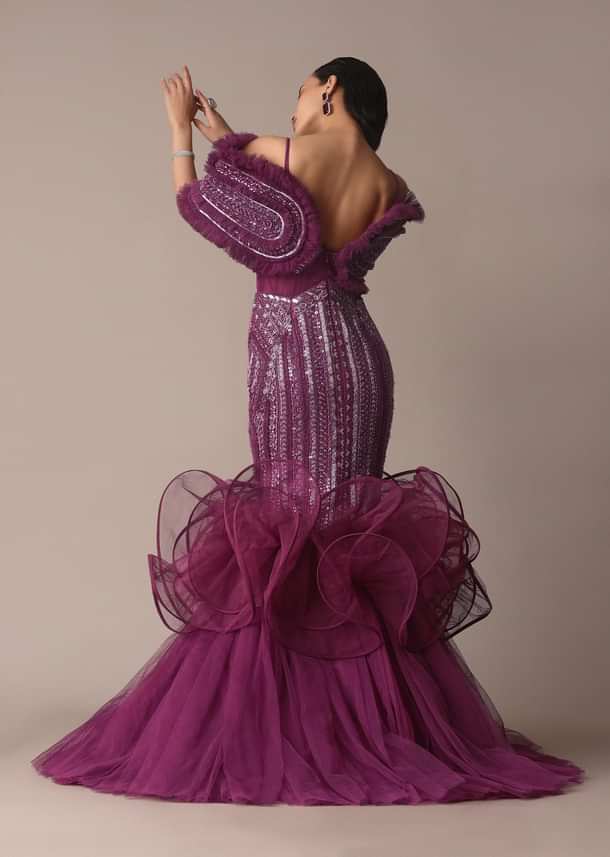 Deep Purple Organza Fish Cut Gown With 3D Ruffles