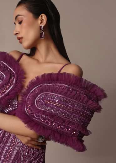 Deep Purple Organza Fish Cut Gown With 3D Ruffles