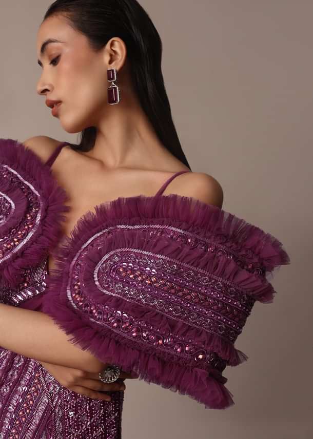 Deep Purple Organza Fish Cut Gown With 3D Ruffles
