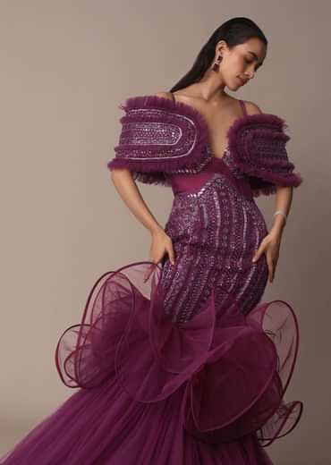 Deep Purple Organza Fish Cut Gown With 3D Ruffles