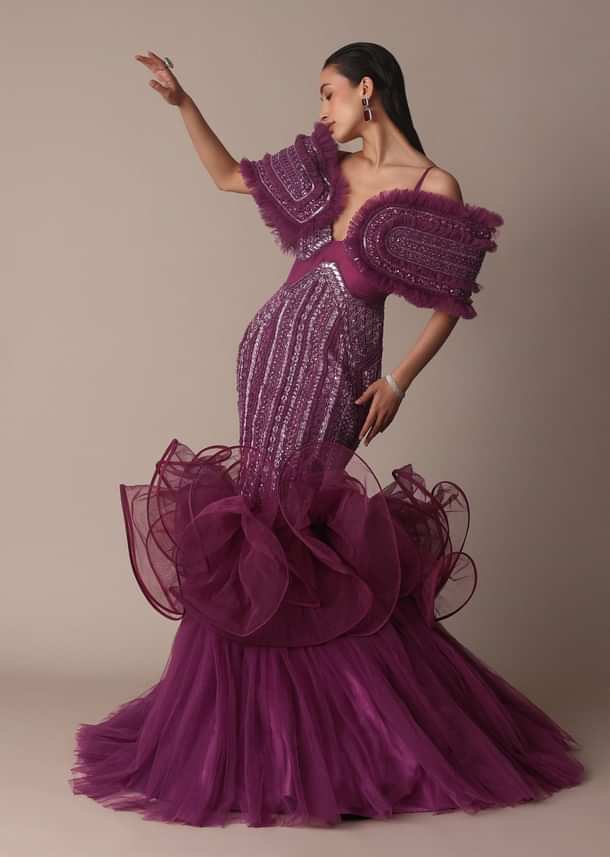 Deep Purple Organza Fish Cut Gown With 3D Ruffles