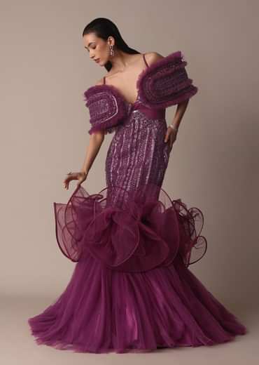 Deep Purple Organza Fish Cut Gown With 3D Ruffles