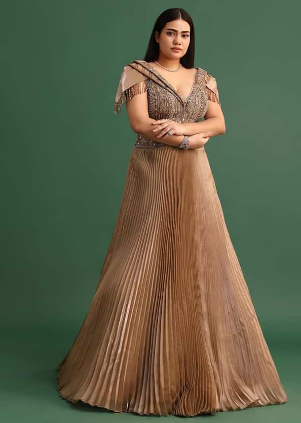 Tan Brown Pleated Circular Embroidered Gown