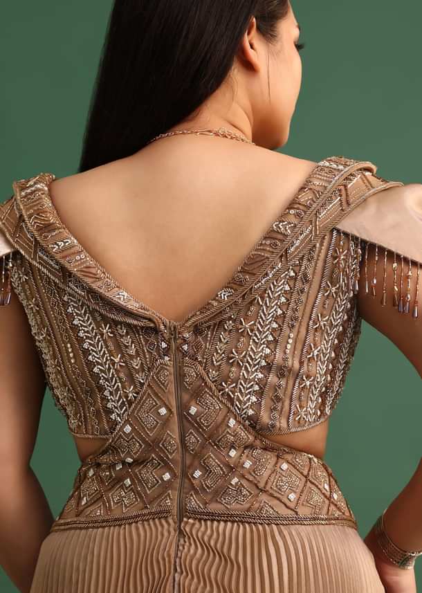 Tan Brown Pleated Circular Embroidered Gown