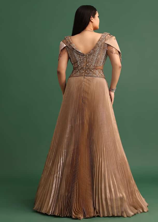 Tan Brown Pleated Circular Embroidered Gown
