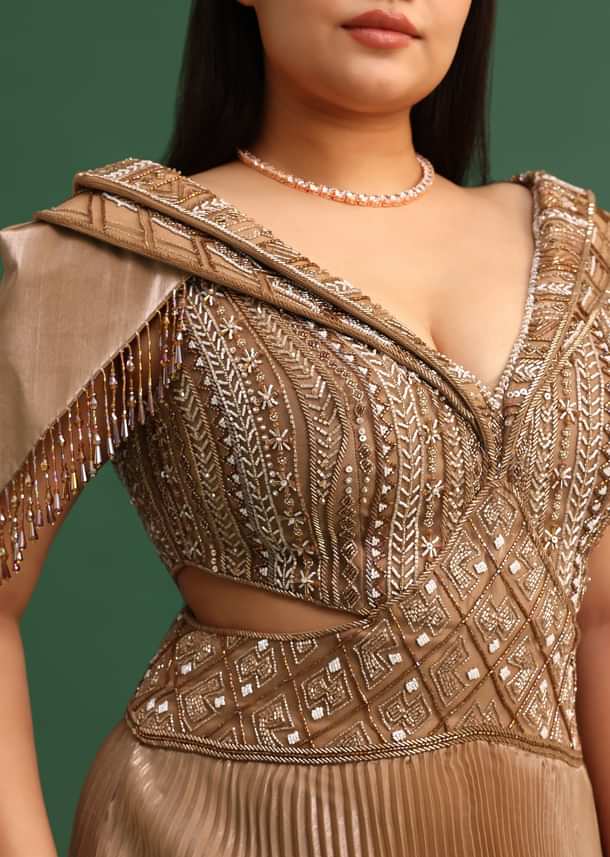 Tan Brown Pleated Circular Embroidered Gown