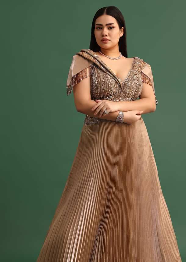 Tan Brown Pleated Circular Embroidered Gown