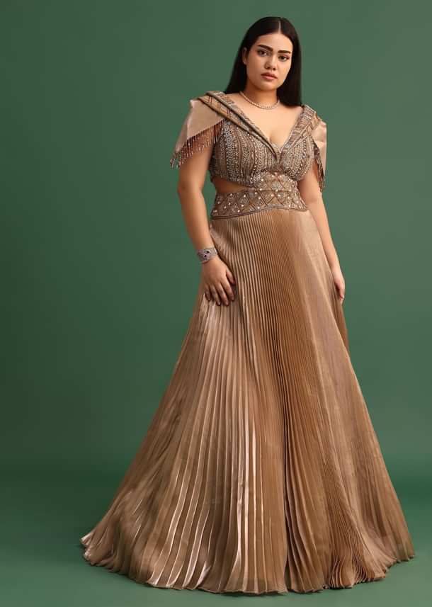 Tan Brown Pleated Circular Embroidered Gown