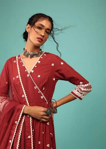 Apple Red Anarkali Kurta In Lucknowi Geometric Embroidery With Angrakha Pattern & Bottom Frill