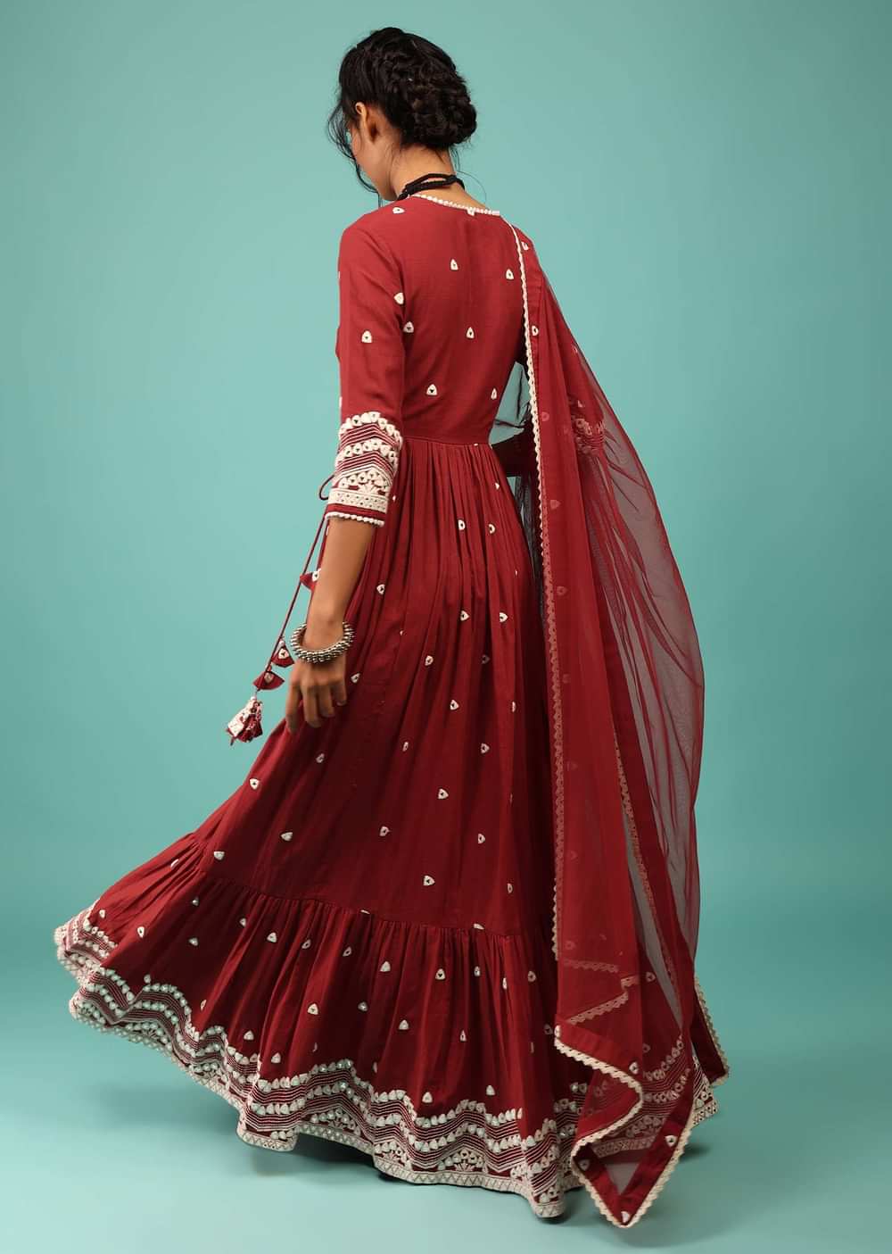 Apple Red Anarkali Kurta In Lucknowi Geometric Embroidery With Angrakha Pattern & Bottom Frill
