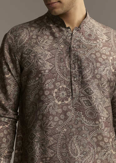 Taupe Brown Silk Designer Kurta For Men With Intricate Paisley And Floral Motif Print