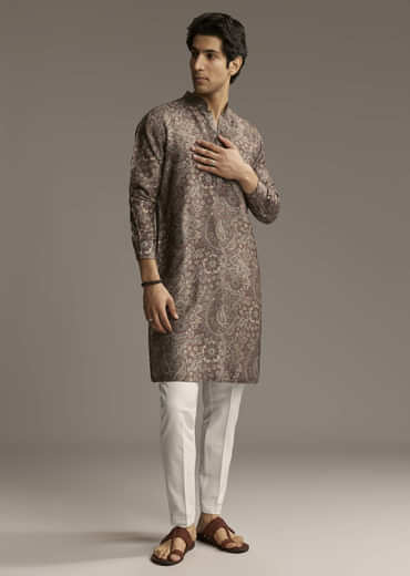 Taupe Brown Silk Designer Kurta For Men With Intricate Paisley And Floral Motif Print