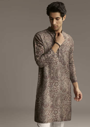 Taupe Brown Silk Designer Kurta For Men With Intricate Paisley And Floral Motif Print