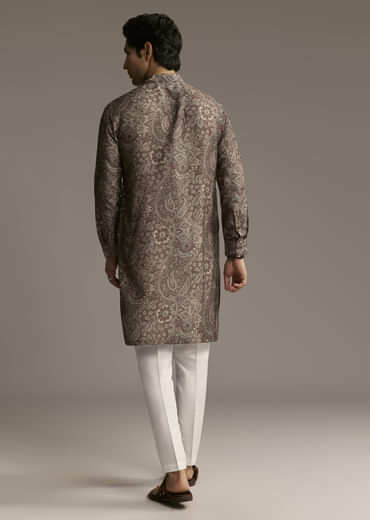 Taupe Brown Silk Designer Kurta For Men With Intricate Paisley And Floral Motif Print