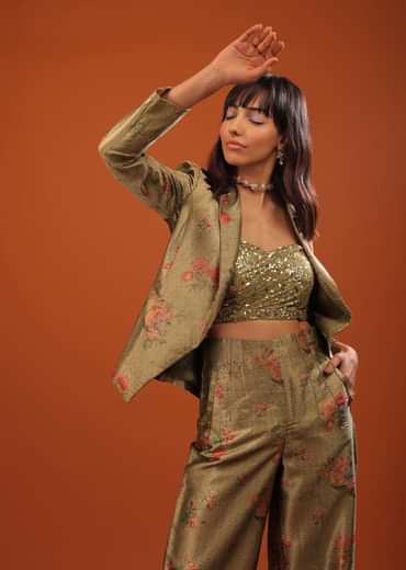 Moss Green Three-Piece Suit In Woven Floral Motifs With Cropped Pants And Sequin Bustier