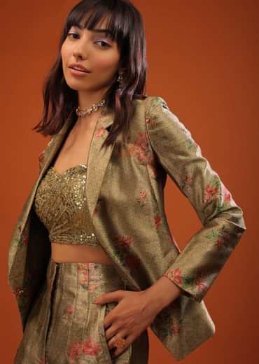 Moss Green Three-Piece Suit In Woven Floral Motifs With Cropped Pants And Sequin Bustier