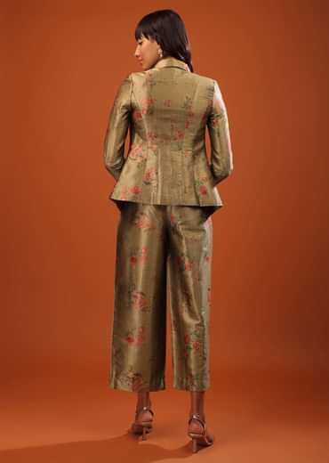 Moss Green Three-Piece Suit In Woven Floral Motifs With Cropped Pants And Sequin Bustier