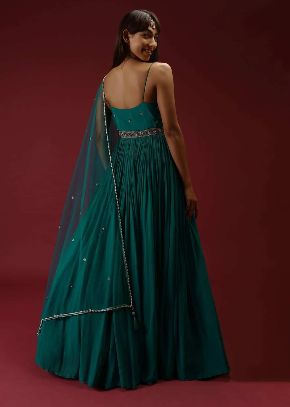 Teal Anarkali Suit In Georgette With Multi Colored Sequins Embroidered Floral Buttis And Cut Dana Embellished Waistline