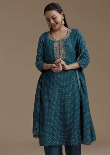 Teal Bandhani Print Silk Kurta Set with Zari Work