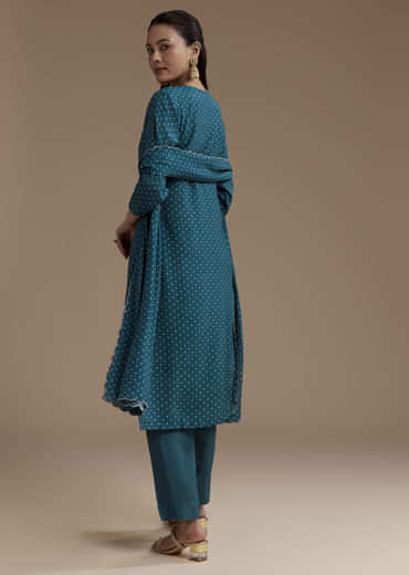 Teal Bandhani Print Silk Kurta Set with Zari Work