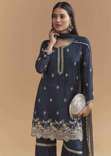 Teal Blue Chinon Sharara Suit With Heavy Hand Embroidery