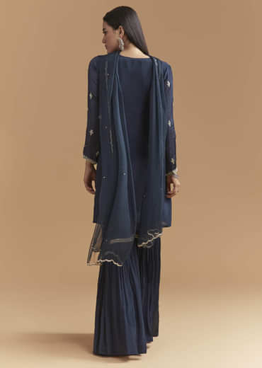 Teal Blue Chinon Sharara Suit With Heavy Hand Embroidery