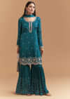 Teal Blue Chinon Sharara Suit With Sequins And Cutdana Work