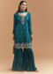 Teal Blue Chinon Sharara Suit With Sequins And Cutdana Work