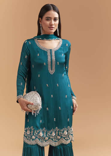 Teal Blue Chinon Sharara Suit With Sequins And Cutdana Work