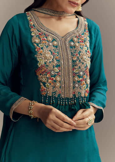 Teal Blue Chinon Sharara Suit With Zardosi Work