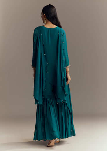 Teal Blue Chinon Sharara Suit With Zardosi Work