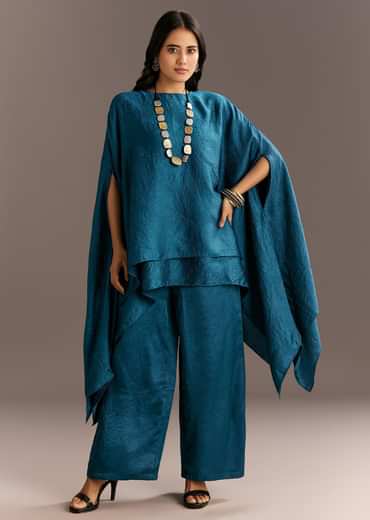 Teal Blue Crush Silk Kaftaan Set Styled With Stone Neckpiece