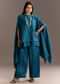 Teal Blue Crush Silk Kaftaan Set Styled With Stone Neckpiece