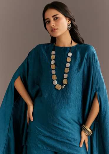 Teal Blue Crush Silk Kaftaan Set Styled With Stone Neckpiece