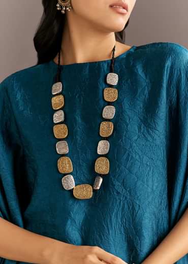 Teal Blue Crush Silk Kaftaan Set Styled With Stone Neckpiece