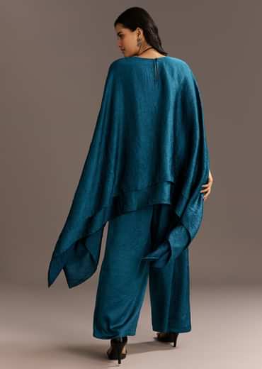 Teal Blue Crush Silk Kaftaan Set Styled With Stone Neckpiece