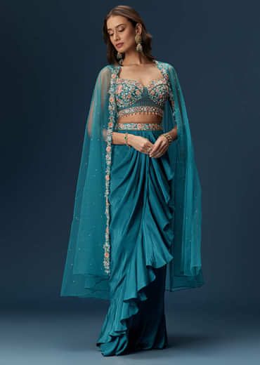 Teal Blue Dhoti Skirt Set With Embroidered Blouse And Net Dupatta