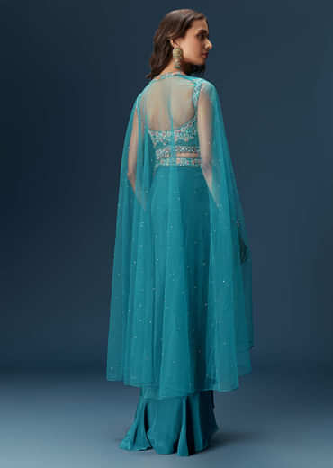 Teal Blue Dhoti Skirt Set With Embroidered Blouse And Net Dupatta