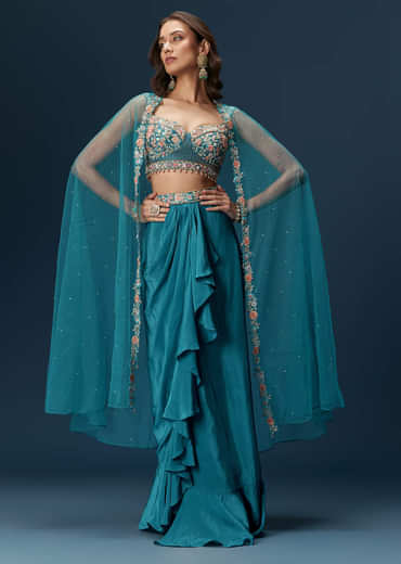 Teal Blue Dhoti Skirt Set With Embroidered Blouse And Net Dupatta