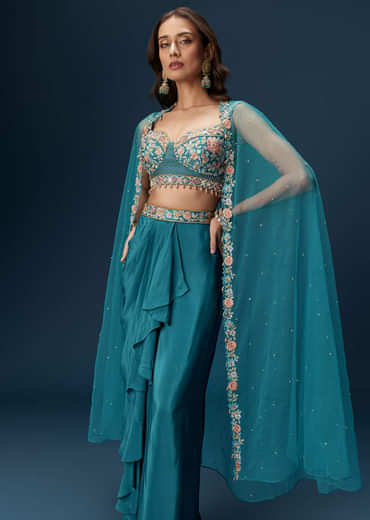 Teal Blue Dhoti Skirt Set With Embroidered Blouse And Net Dupatta