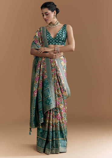 Teal Blue Dola Silk Saree With Bandhani And Zari Work