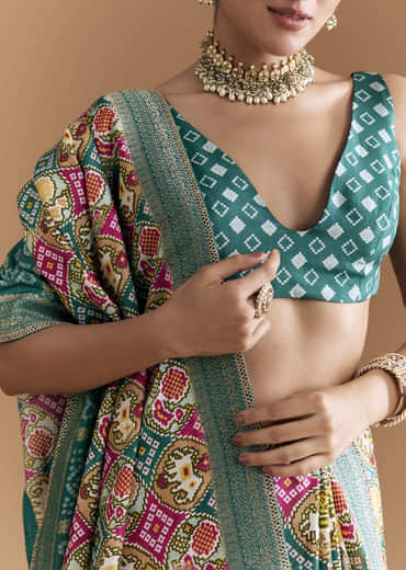 Teal Blue Dola Silk Saree With Bandhani And Zari Work