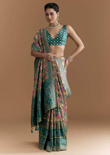 Teal Blue Dola Silk Saree With Bandhani And Zari Work