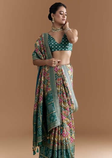 Teal Blue Dola Silk Saree With Bandhani And Zari Work