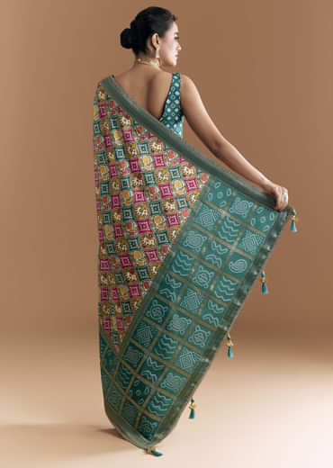 Teal Blue Dola Silk Saree With Bandhani And Zari Work