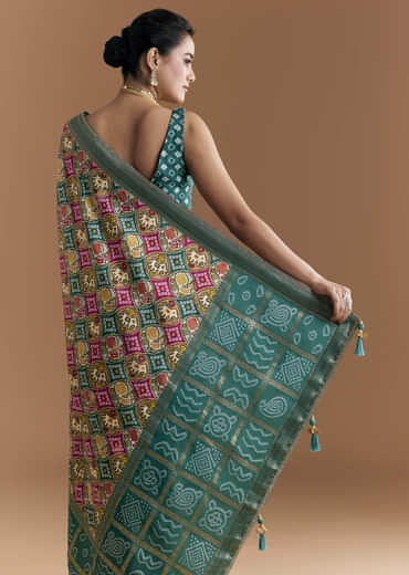 Teal Blue Dola Silk Saree With Bandhani And Zari Work